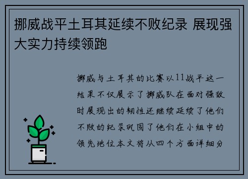 挪威战平土耳其延续不败纪录 展现强大实力持续领跑